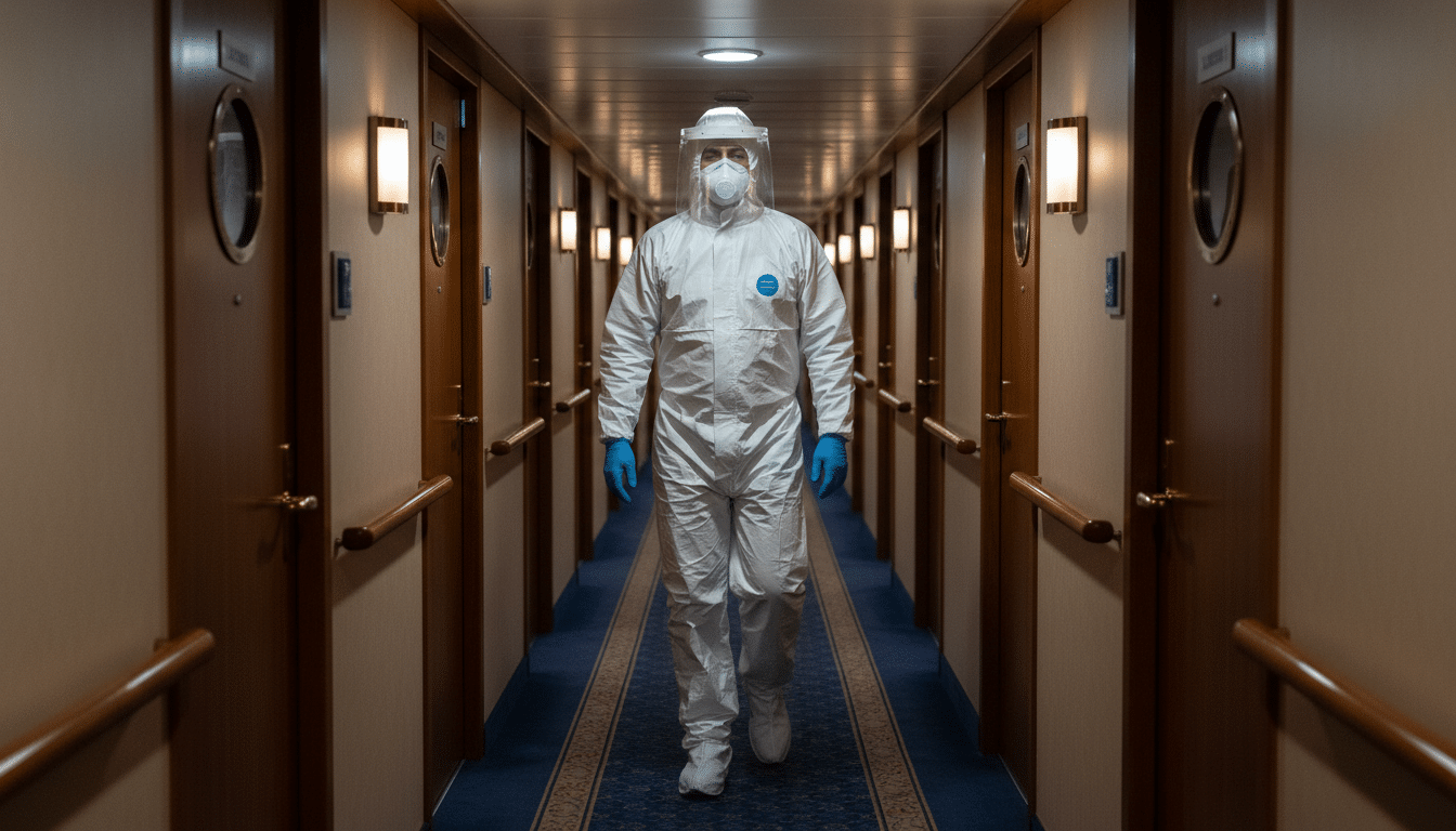 Personnel médical en tenue de protection dans un couloir du navire