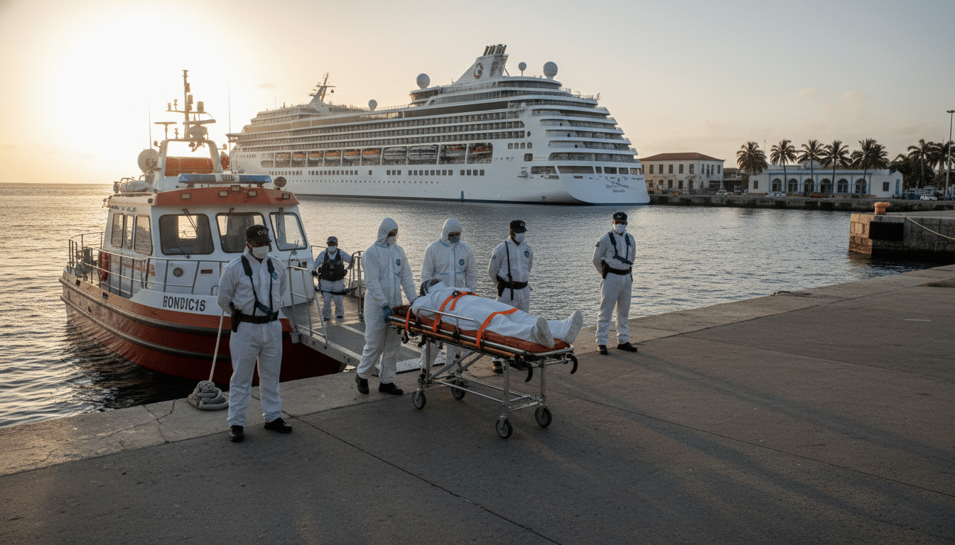 Évacuation d'un patient en combinaison hazmat au port de Praia