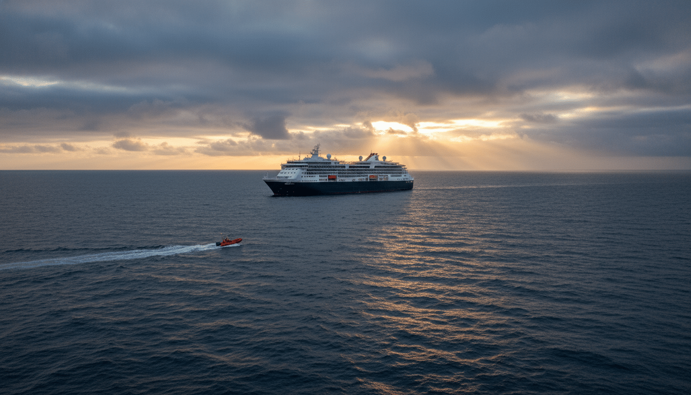 Le navire MV Hondius ancré au large dans l'Atlantique