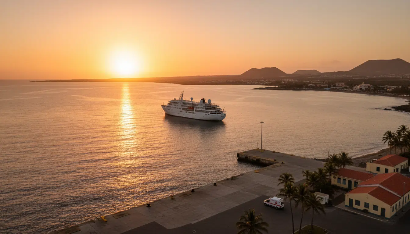 Navire de croisière au large du Cap-Vert au coucher du soleil
