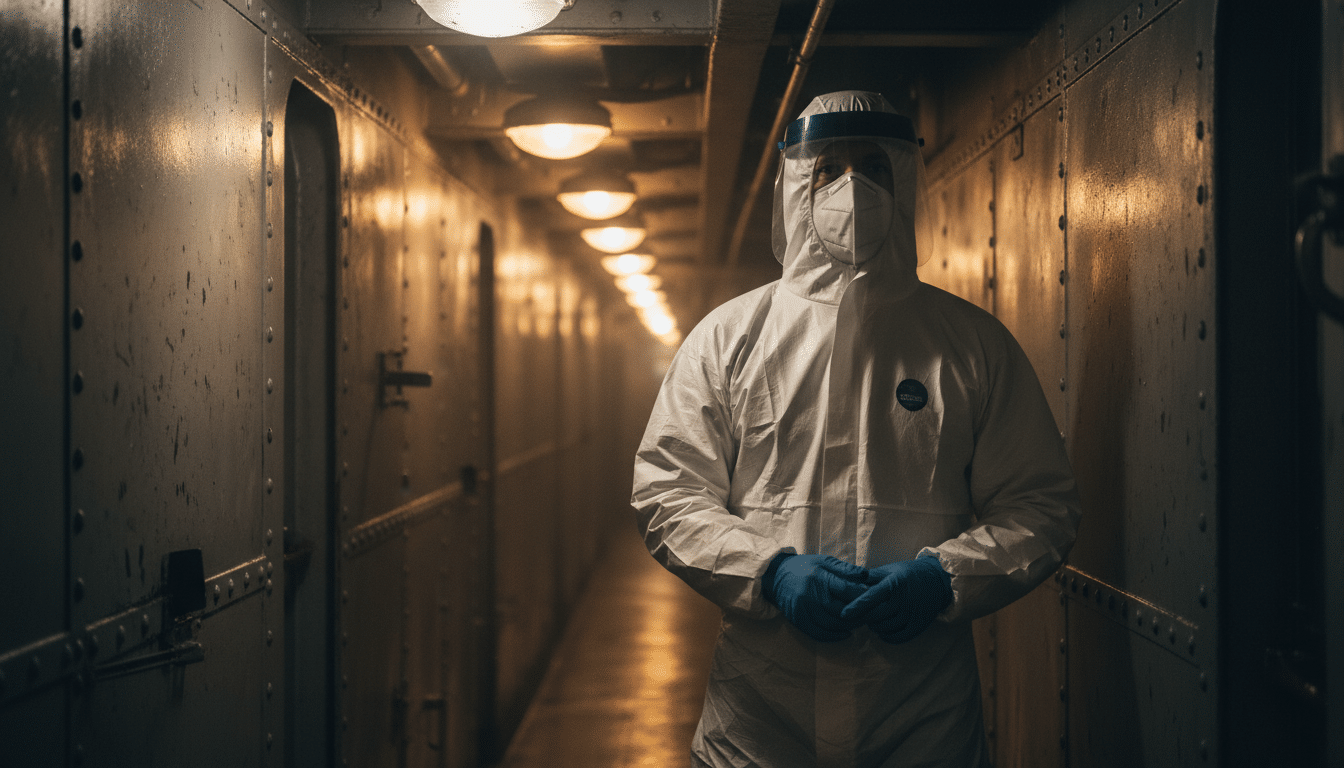 Personnel médical en tenue de protection dans un couloir de navire