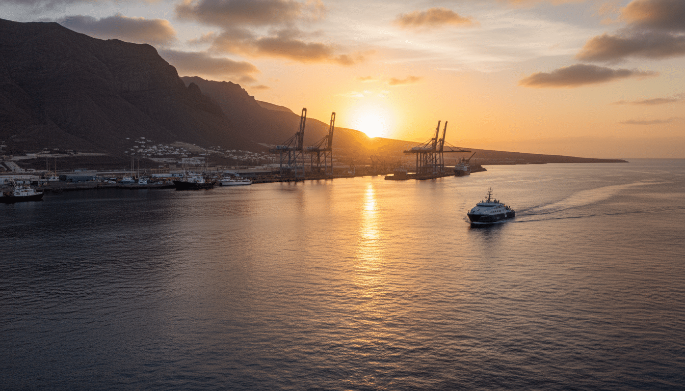 Port des îles Canaries à l'aube avec un navire au loin