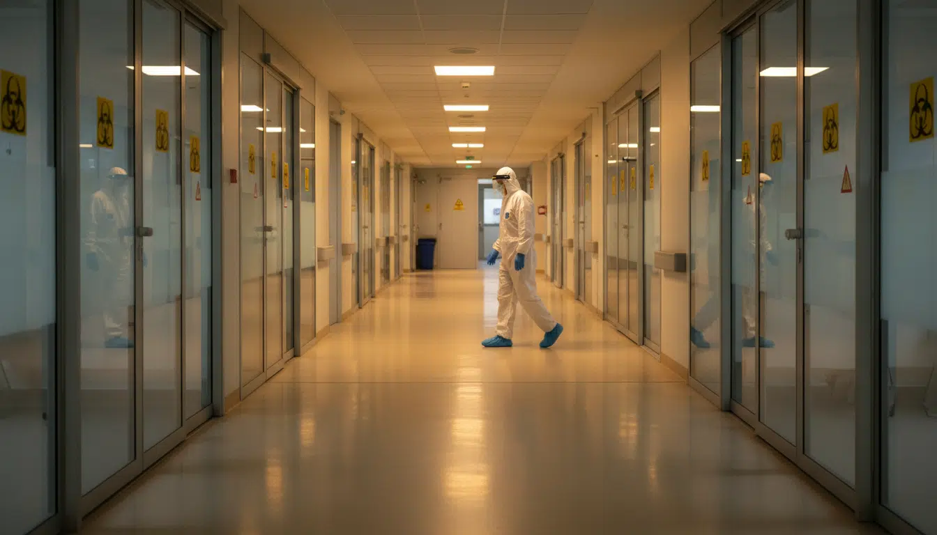 Couloir d'hôpital avec chambres d'isolement sécurisées
