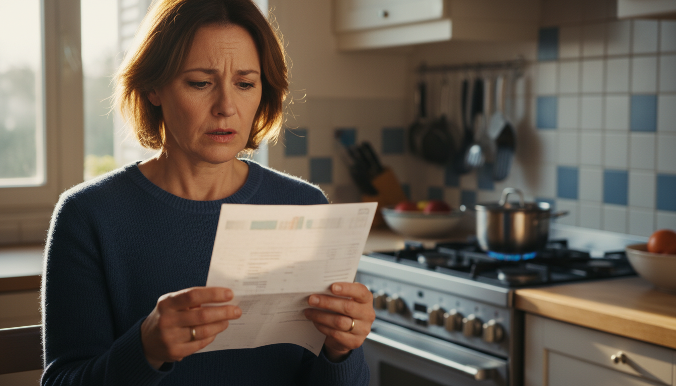 Femme inquiète lisant sa facture de gaz dans sa cuisine