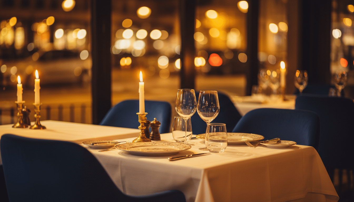 Table de restaurant parisien élégant, ambiance chaleureuse et intime, évoquant une annonce surprise entre amis