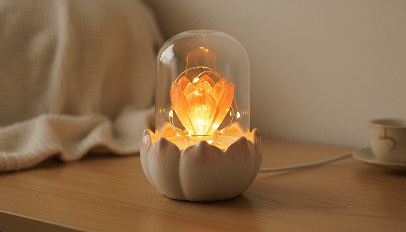 Lampe florale LED Hema avec base crème et fleur orange