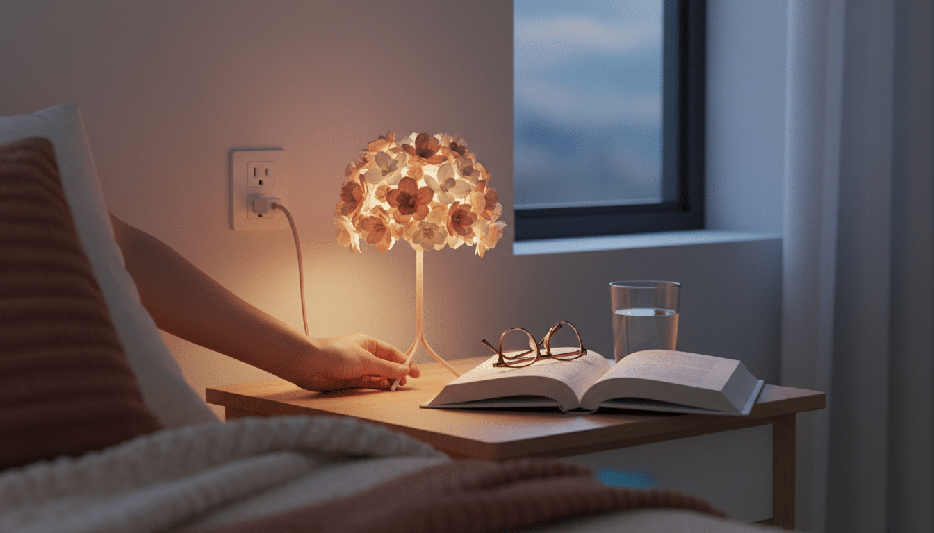 Branchement du cordon rose de la lampe Hema sur table de chevet