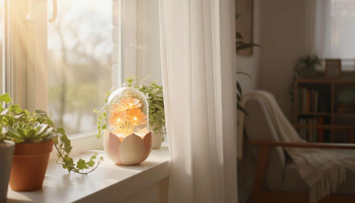 Lampe florale Hema posée sur un rebord de fenêtre au salon