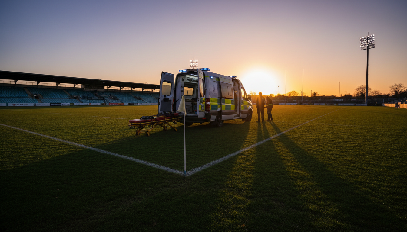 Ambulance sur un terrain de rugby au crépuscule