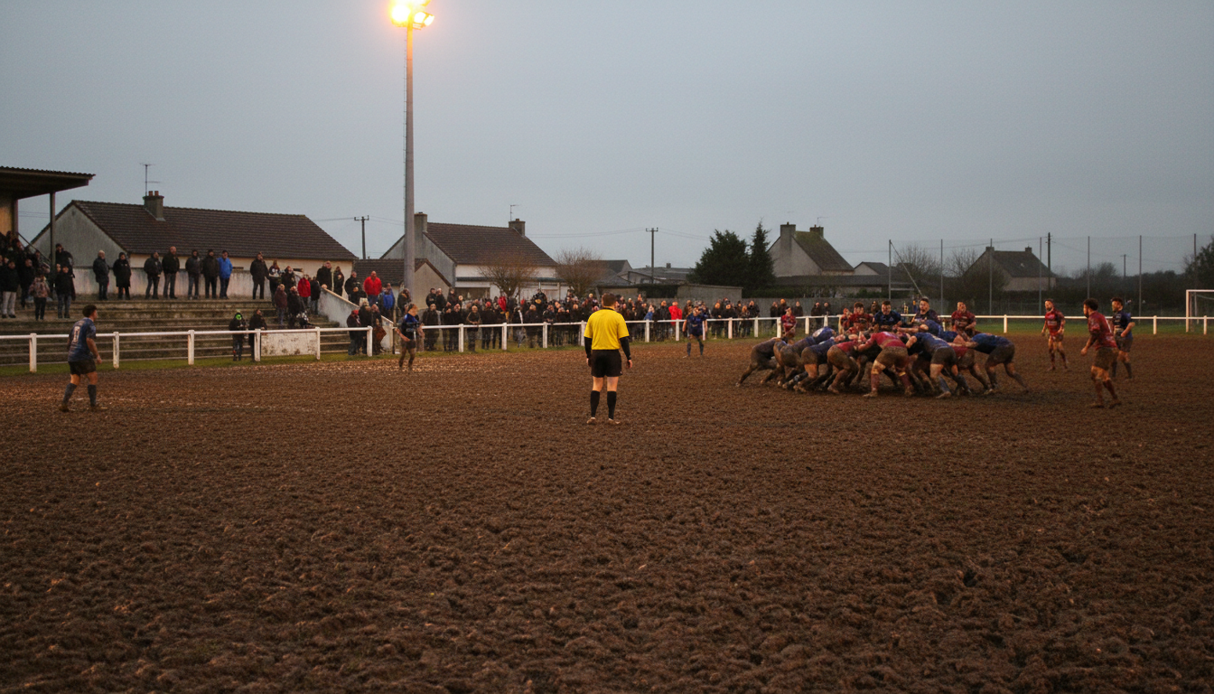 Match de rugby amateur sur un terrain boueux en France