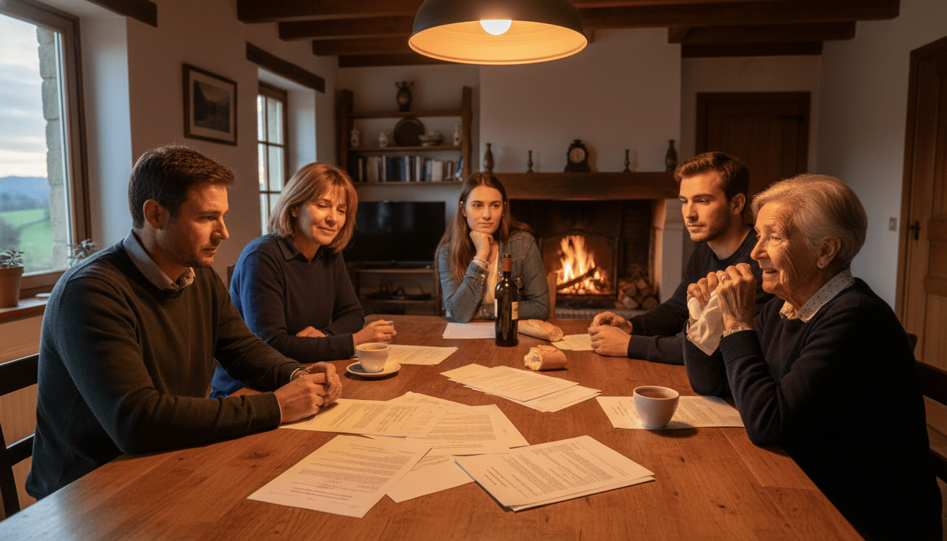 Famille française réunie autour de documents de succession