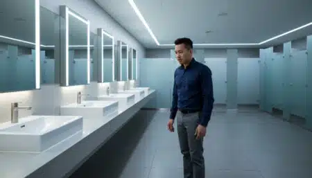 homme anxieux dans des toilettes publiques modernes