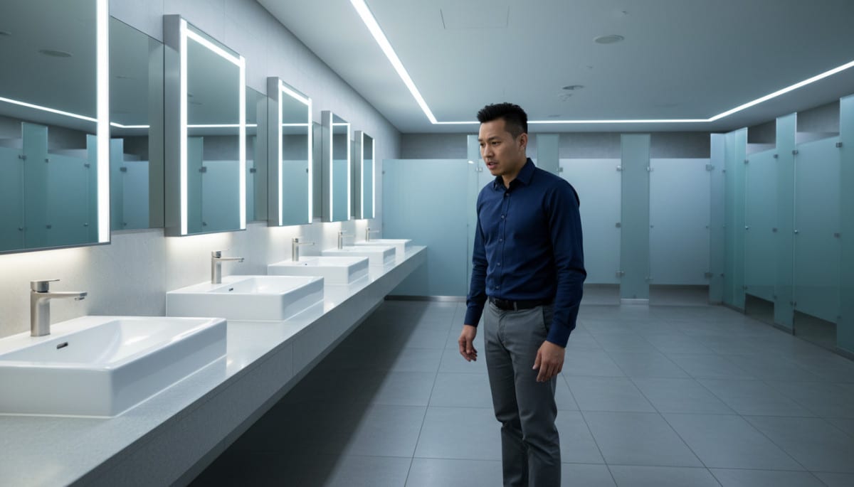 homme anxieux dans des toilettes publiques modernes