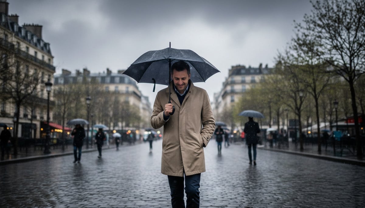 Homme avec parapluie sous la pluie à Paris