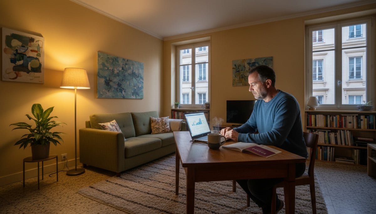 Homme consultant ses comptes bancaires le soir