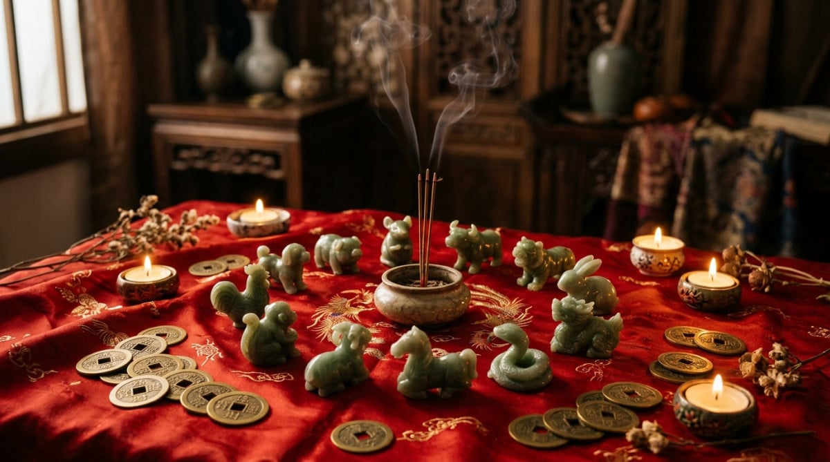 Homme contemplatif devant les douze signes de l'astrologie chinoise illuminés dans une ambiance mystique et chaleureuse