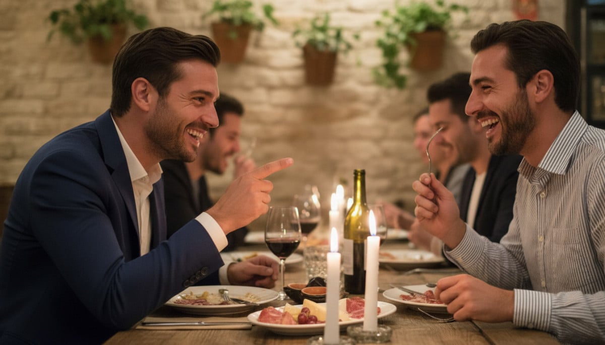Homme corrigeant un ami autour d'un dîner en souriant