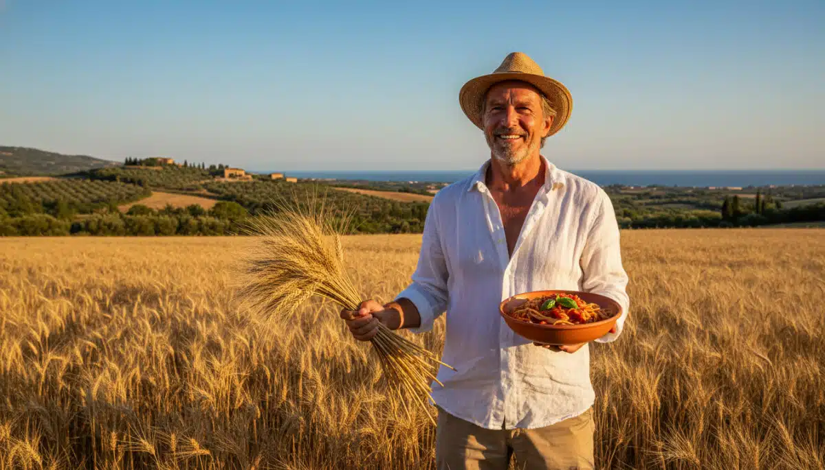 Homme dans un champ de blé dur tenant des pâtes