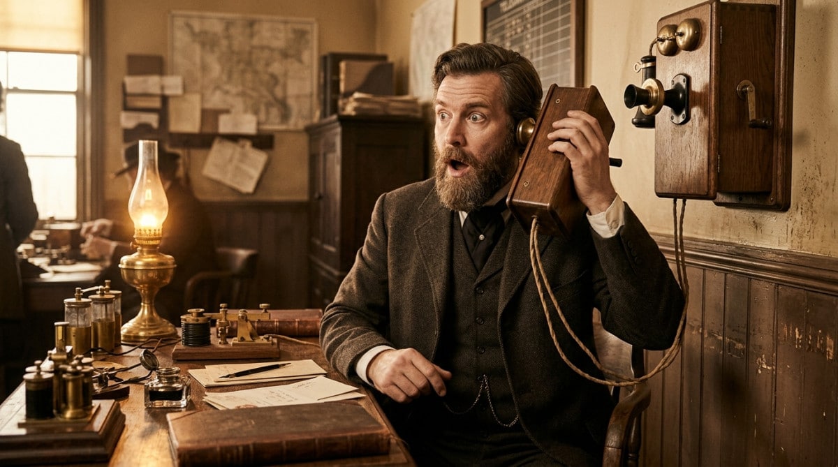Homme du XIXe siècle utilisant un ancien téléphone en bois