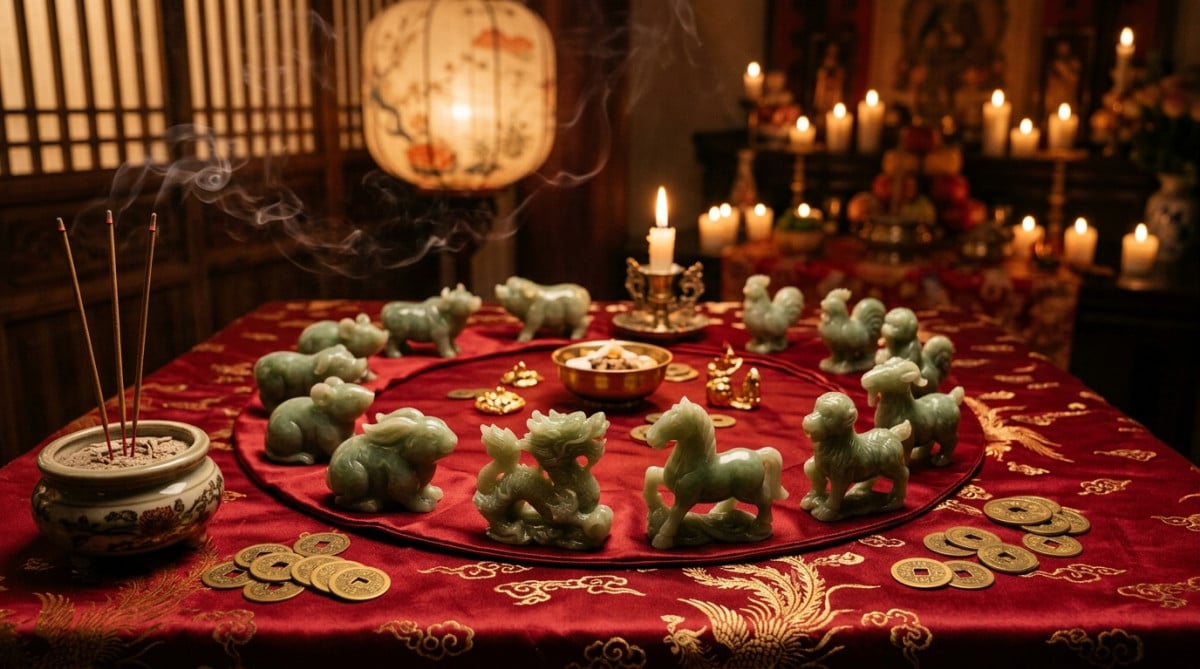 Homme émerveillé dans une ambiance mystique avec les silhouettes des signes du zodiaque chinois illuminées