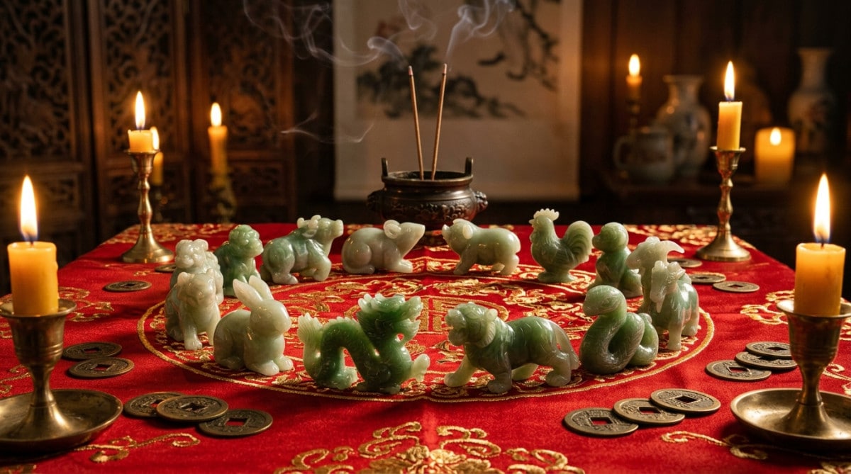 Homme émerveillé dans une cour de temple au coucher du soleil avec des braises flottantes pour l'horoscope chinois