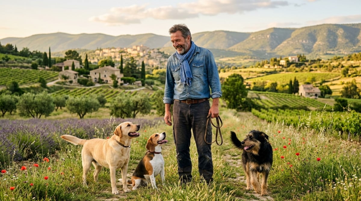 Homme entouré de chiens dans la campagne française