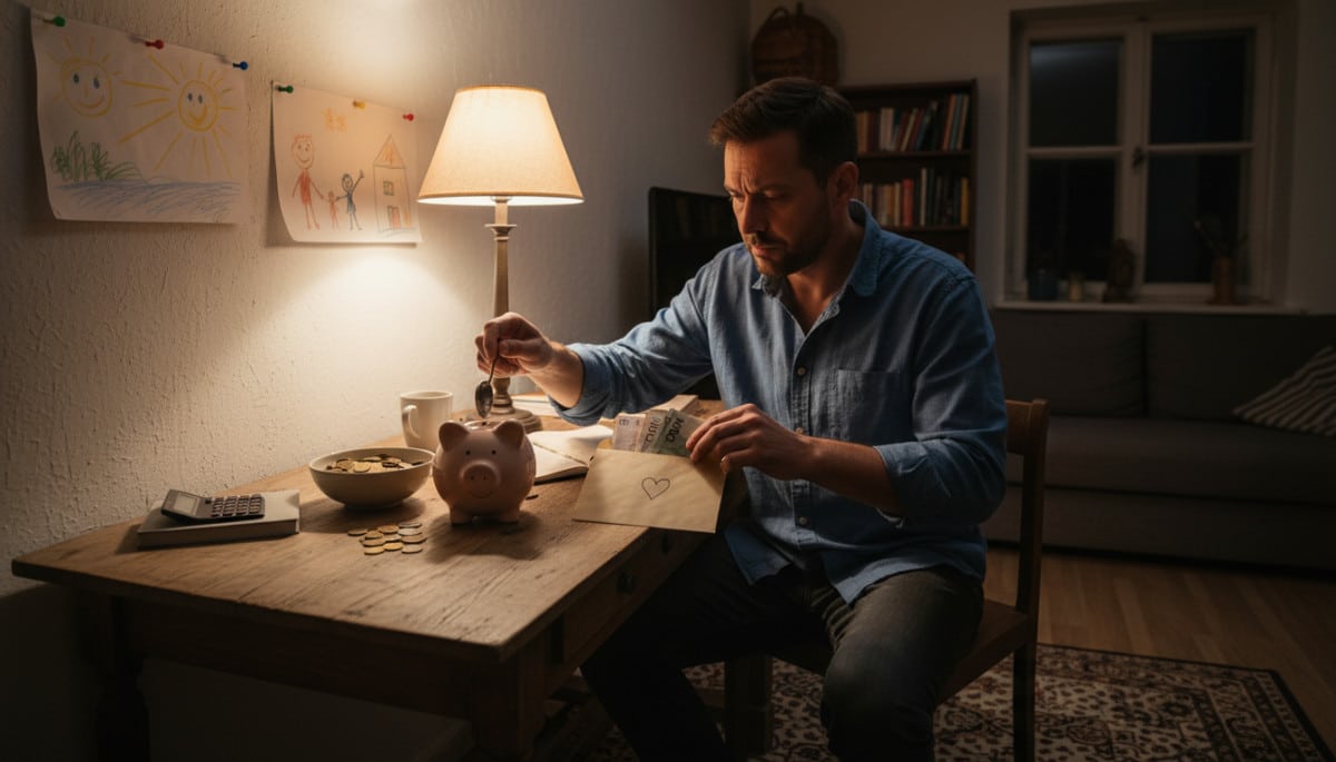 Homme épargnant en fin de mois avec enveloppes budget