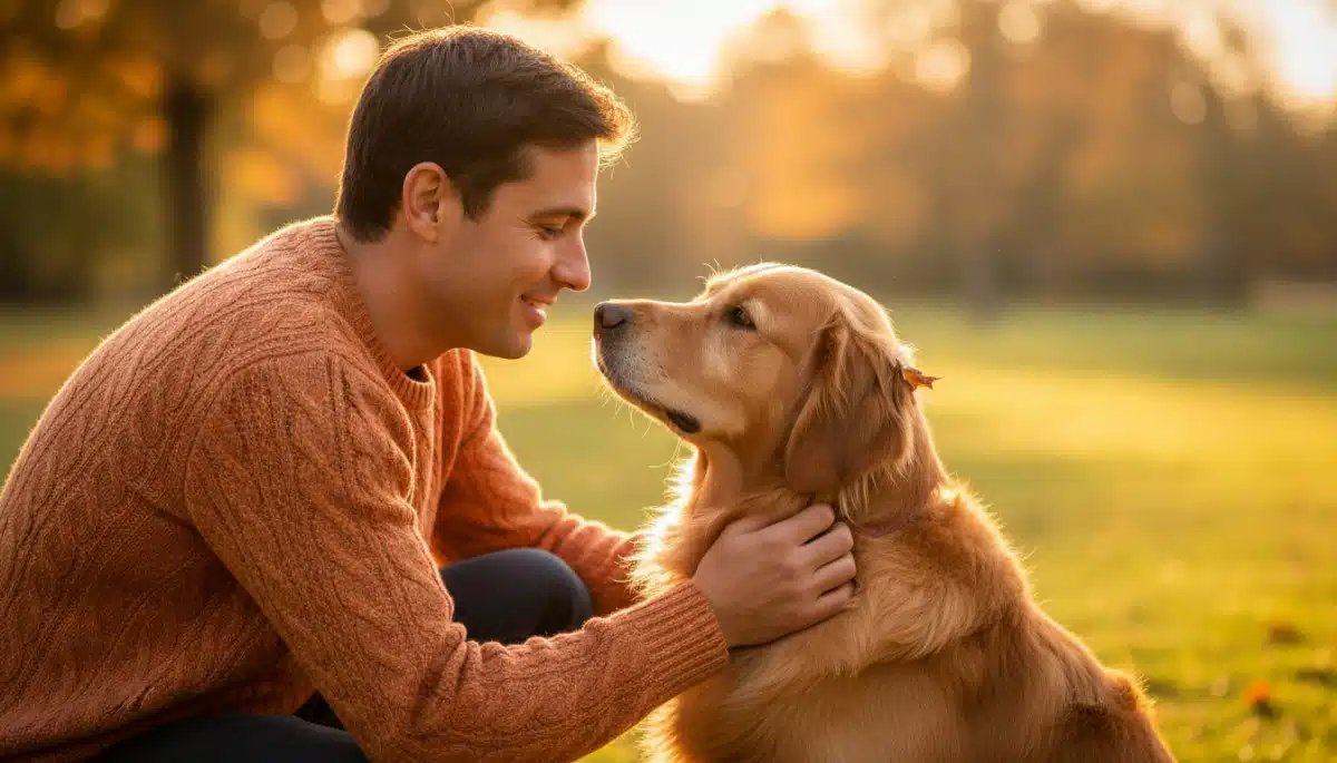 Homme et chien échangeant un regard de confiance
