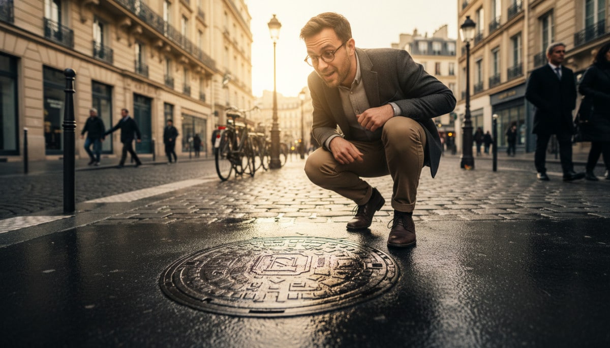 homme examine une plaque d'égout ronde sur trottoir