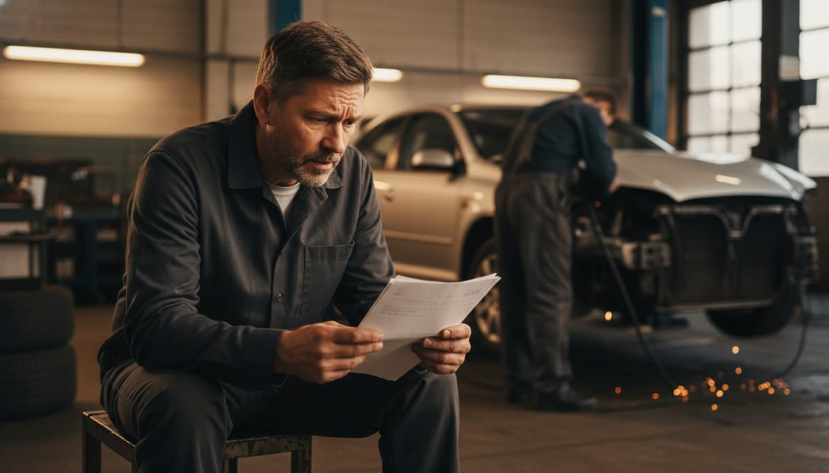 Homme frustré dans un garage tenant une lettre d'assurance