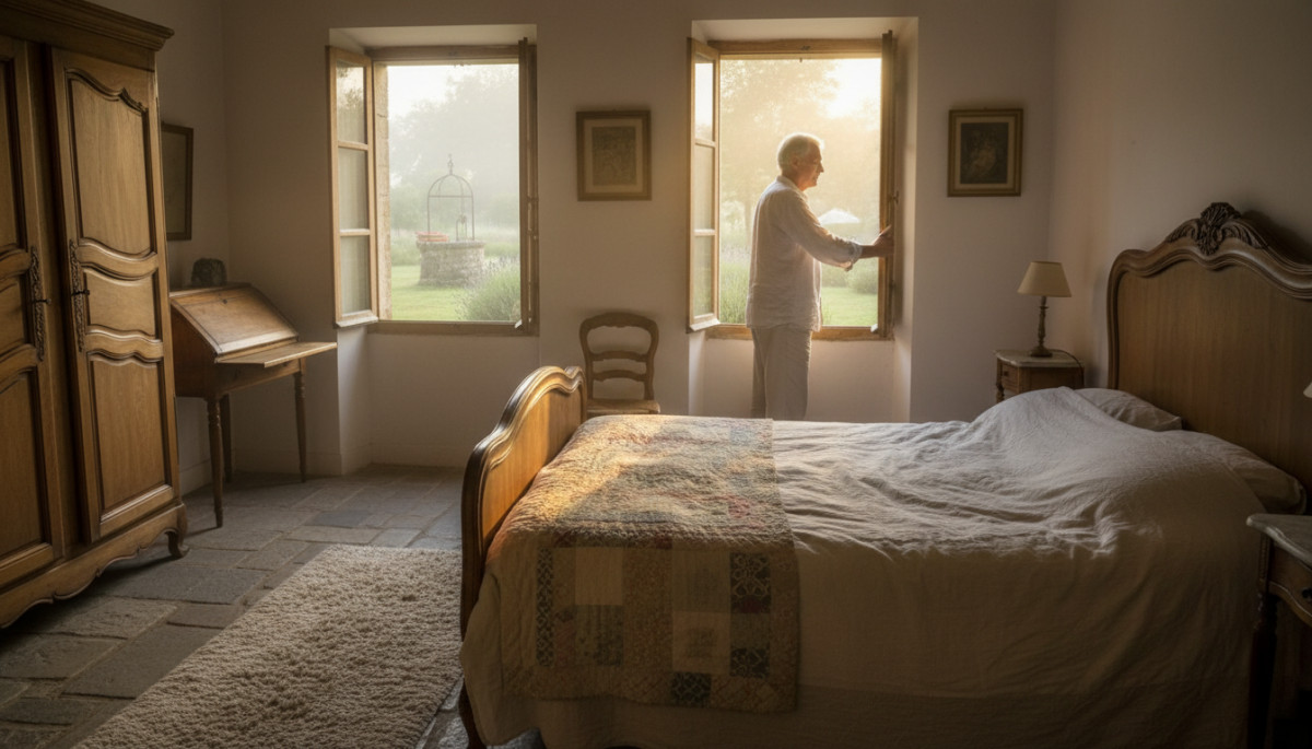homme ouvrant volets intérieurs bois chambre campagne française