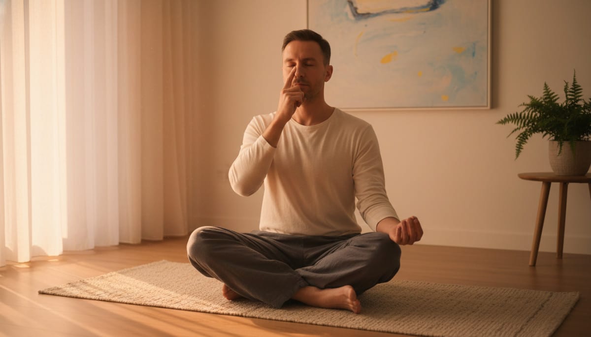 Homme pratiquant la respiration alternée par les narines