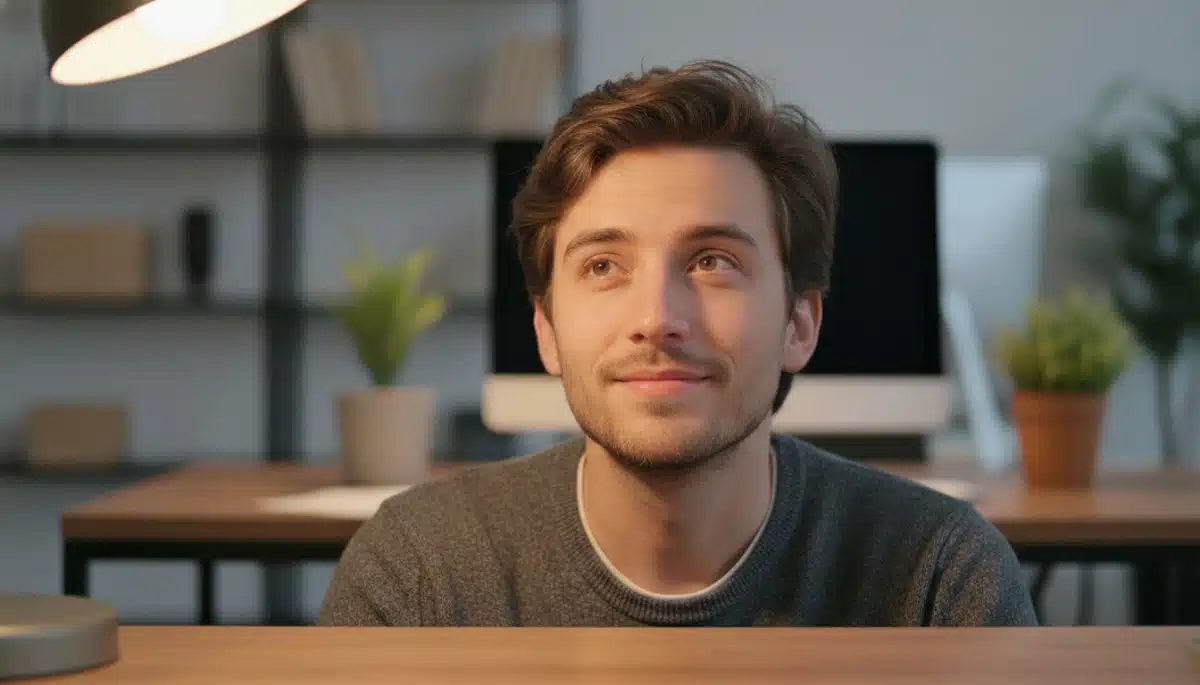 homme rêvassant devant son bureau lumière dorée