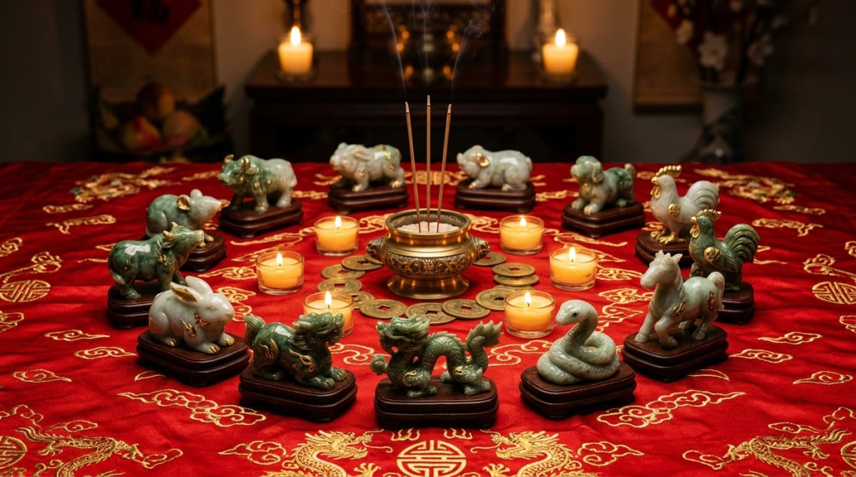 Homme souriant baigné de lumière chaude avec des symboles des éléments chinois Terre et Feu