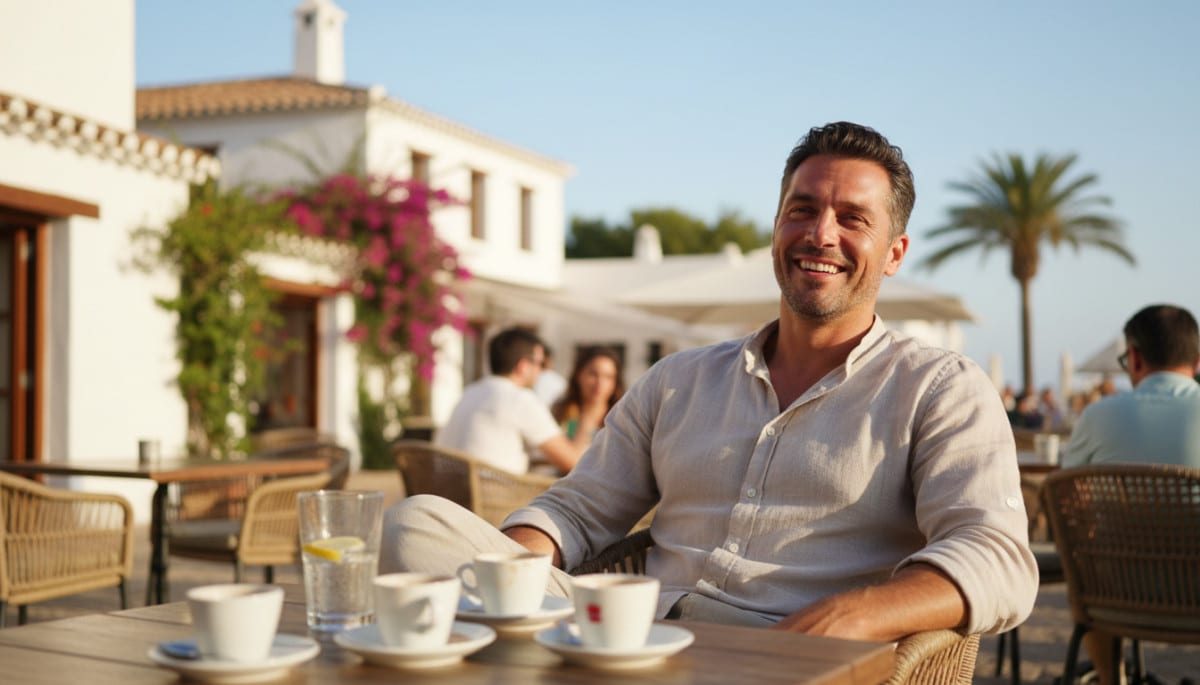 Homme souriant buvant plusieurs cafés en terrasse