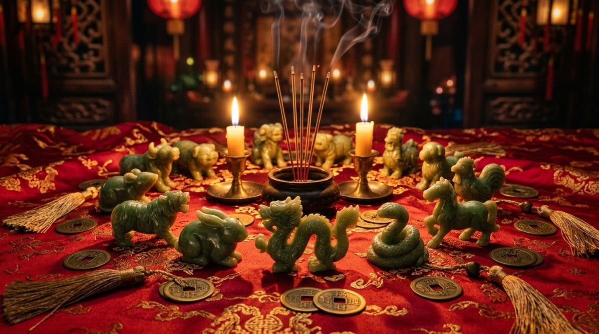 Homme souriant dans un jardin lumineux entouré de silhouettes des signes du zodiaque chinois pour l'horoscope du jour