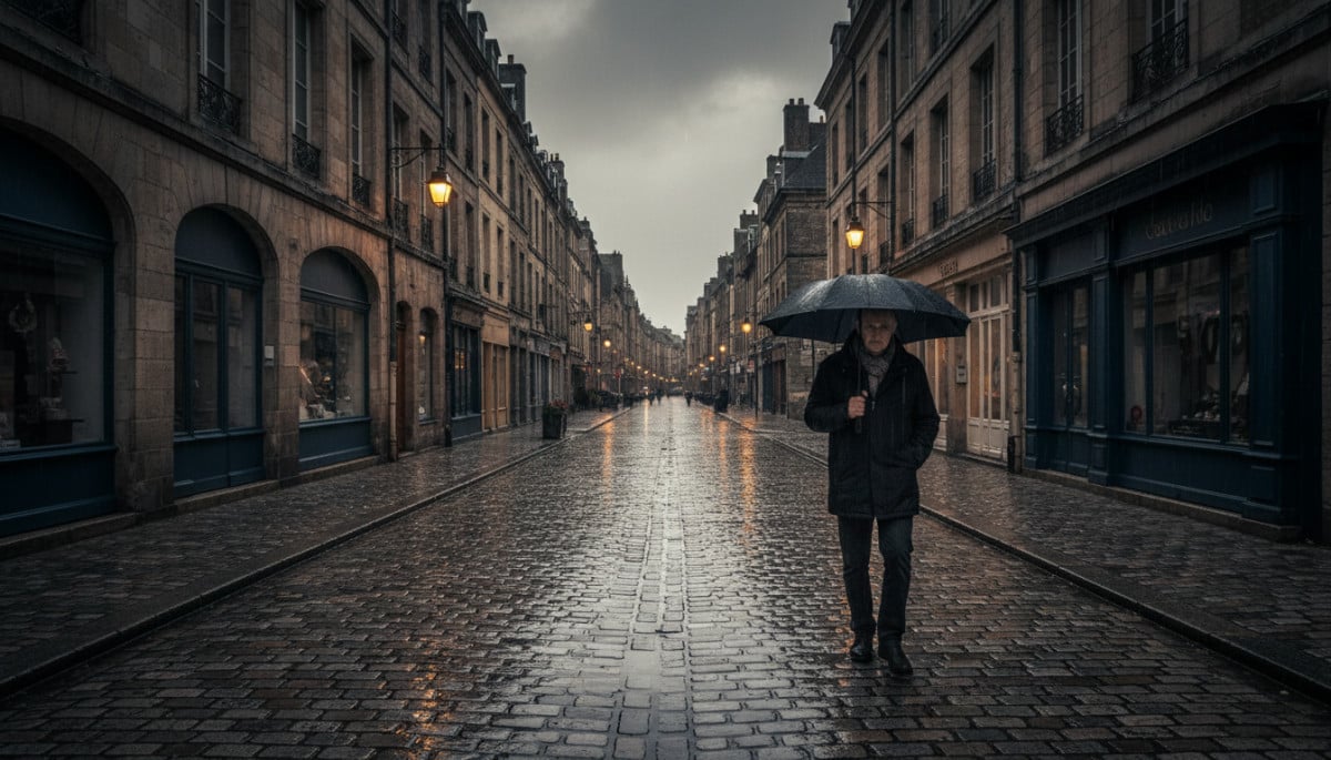 Homme sous la pluie dans une ville de l'Ouest français