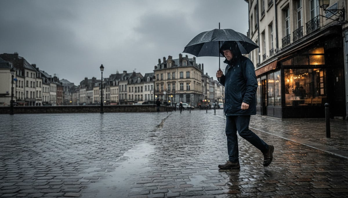 Homme sous la pluie et vent dans le Nord de la France
