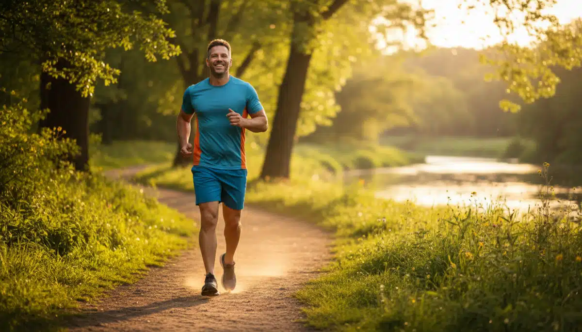 Homme sportif courant au soleil dans un parc