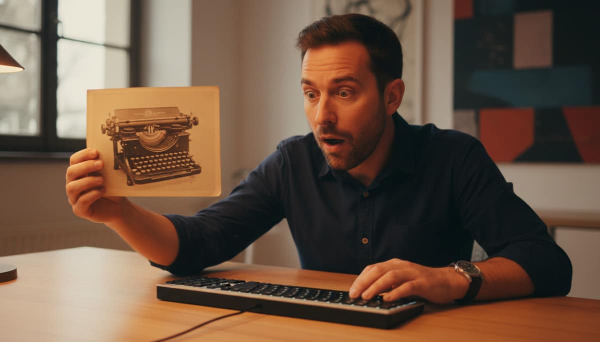 Homme surpris comparant clavier moderne et machine à écrire ancienne