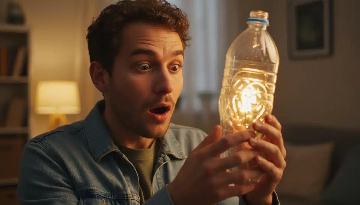 Homme surpris en regardant le fond d'une bouteille de soda