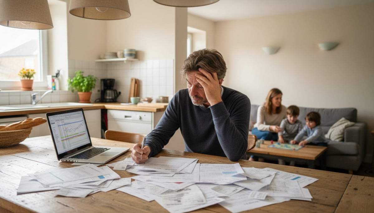 Homme vérifiant ses factures et budget mensuel à domicile