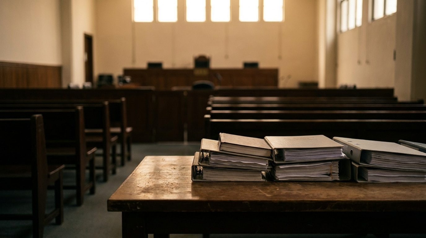 Intérieur d'un tribunal de Hong Kong avec documents juridiques