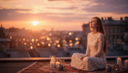 Femme contemplant le ciel au coucher du soleil ambiance romantique