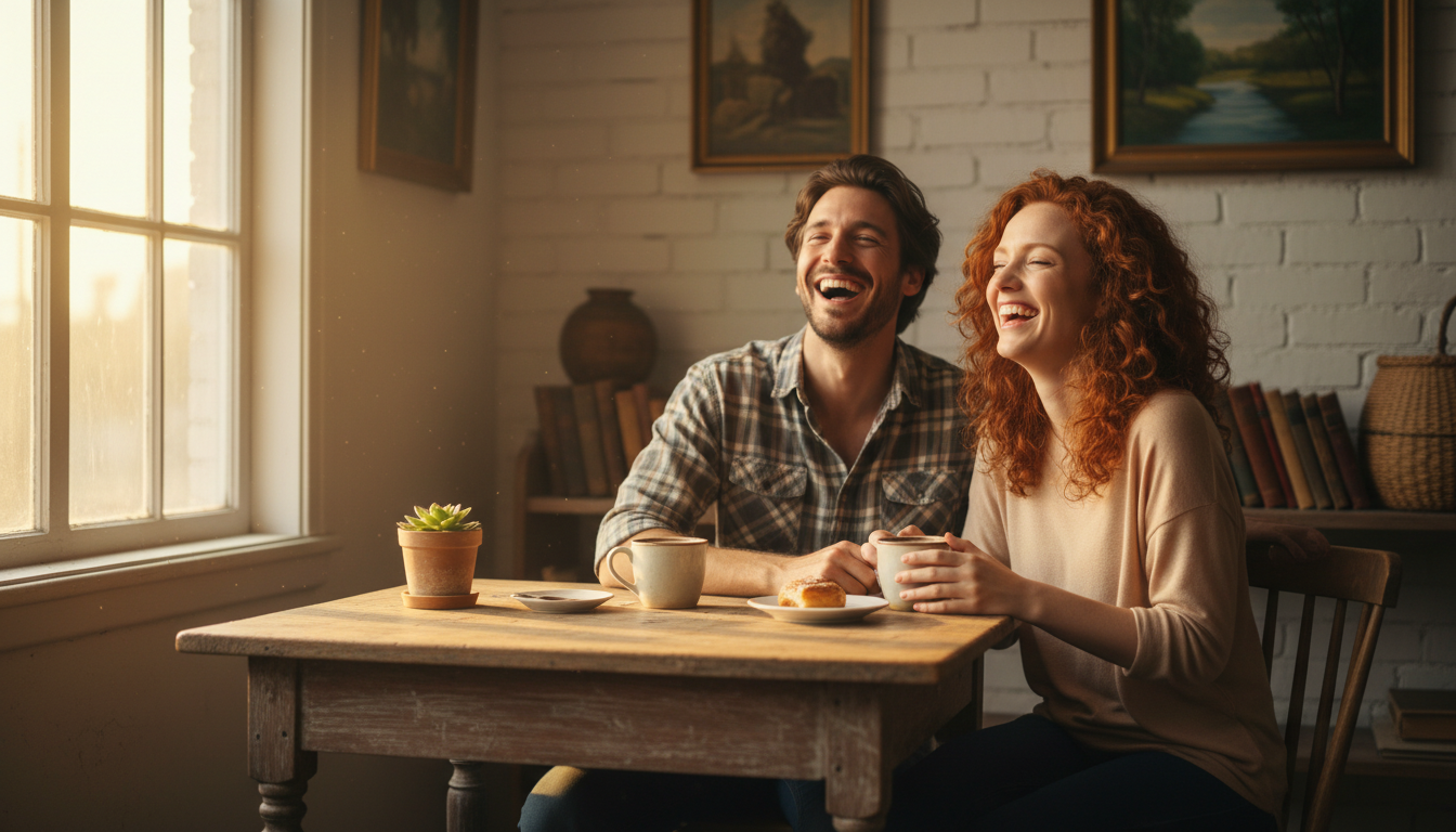 Couple riant ensemble autour d'un café lumière dorée matinale