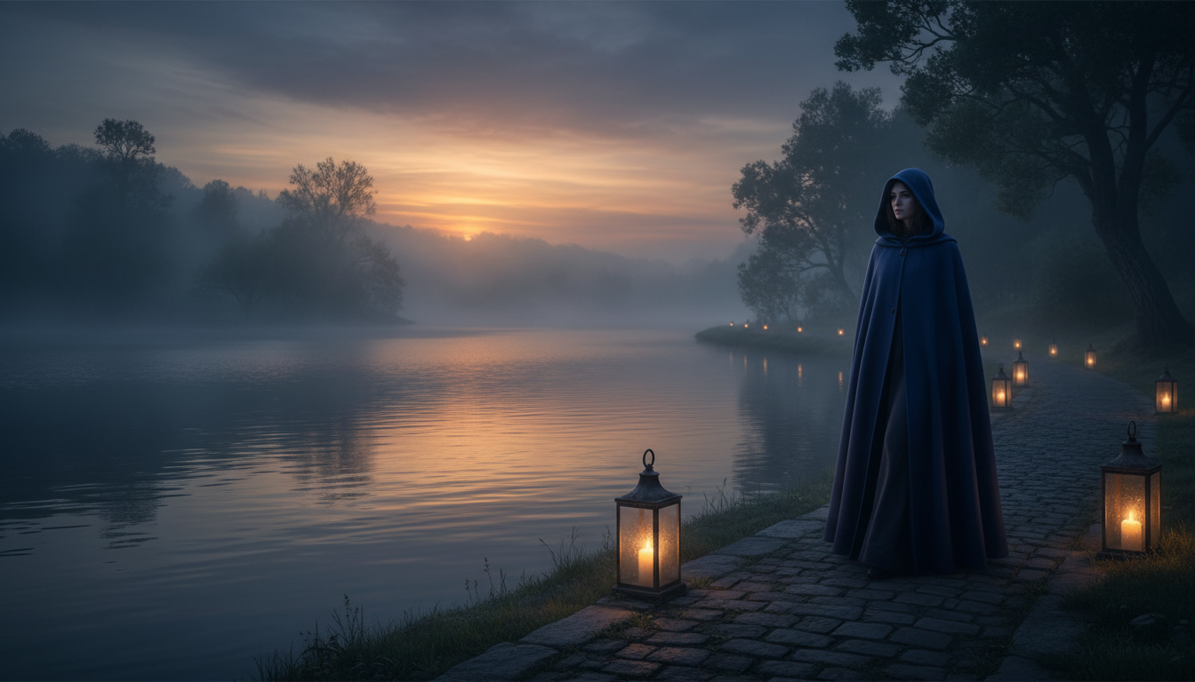 Femme marchant seule au bord d'un lac au crépuscule ambiance mystique