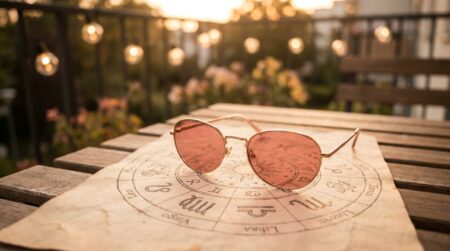 Lunettes roses posées sur une carte astrologique dorée