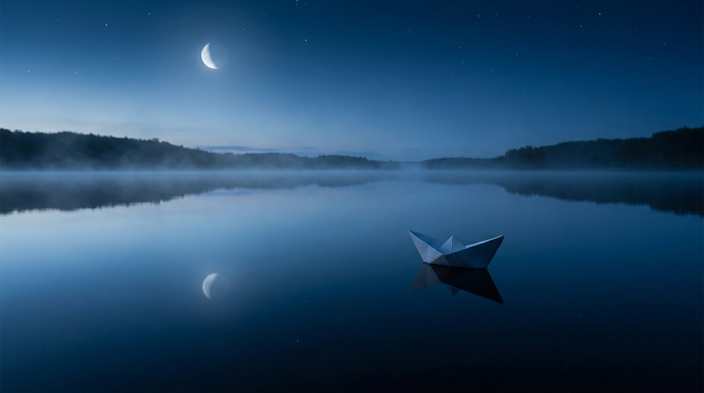 Petit bateau en papier flottant sous un clair de lune