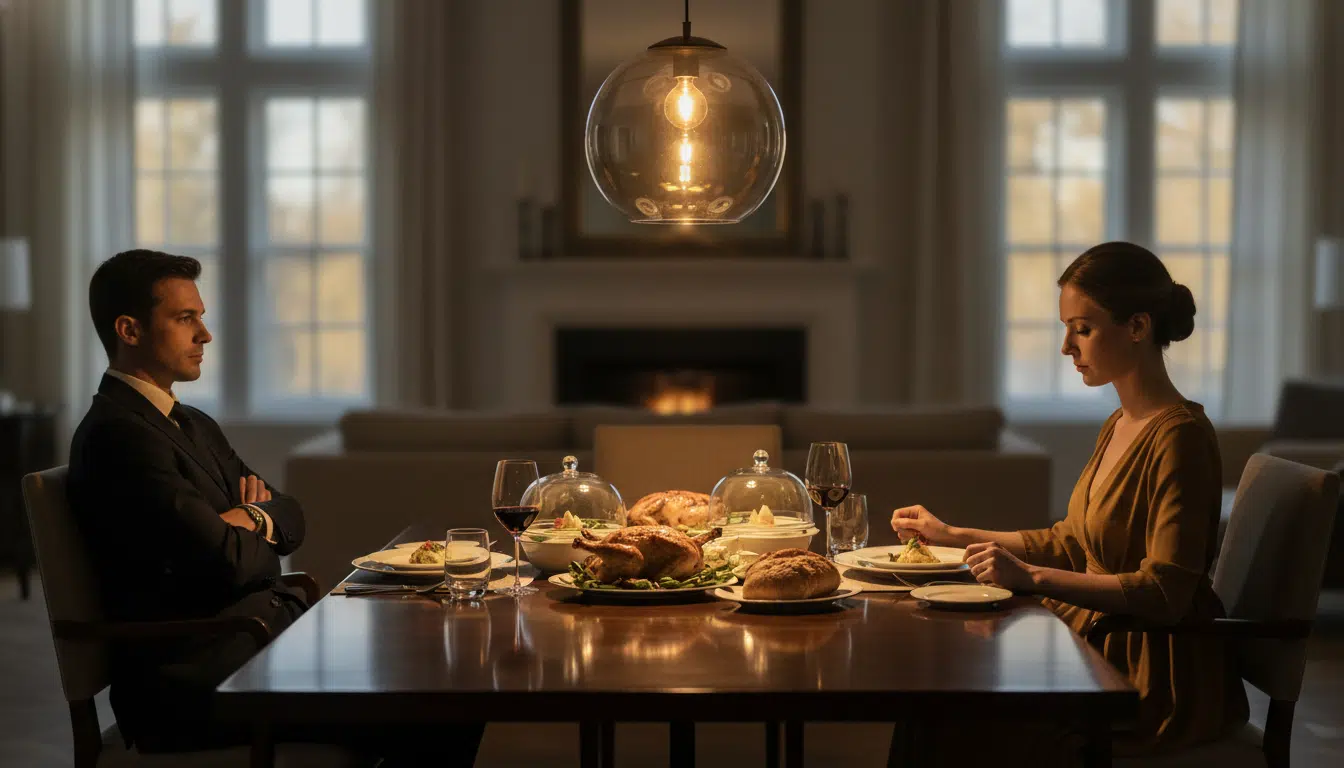 Couple en tension à chaque bout d'une table de dîner