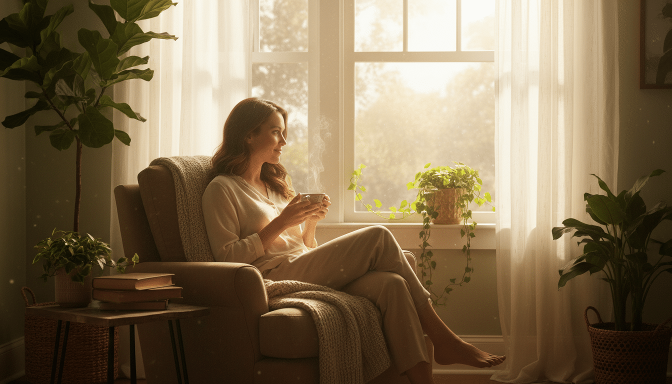 Femme pensive avec une tasse de thé au soleil